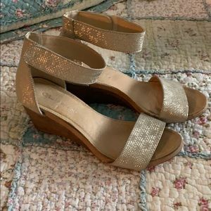 Gold ankle strapped wedge sandal size 8